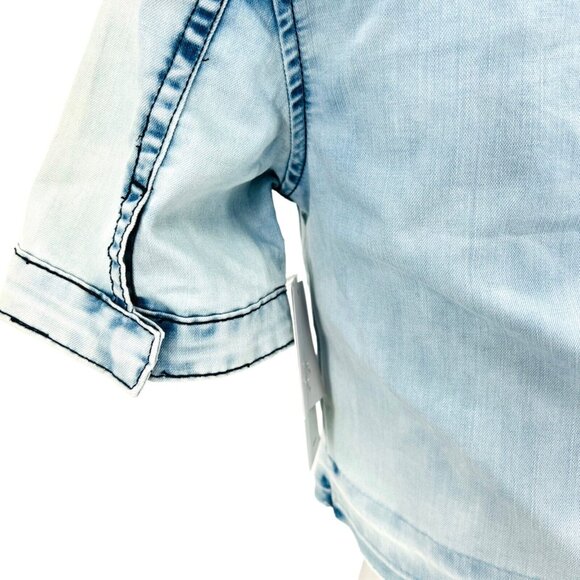 NEW HUDSON Girl Blue Crop Shirt Short Sleeve Raw Hem Snap Button Size Large - Picture 7 of 12